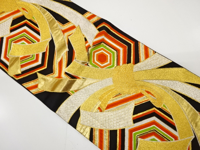 アンティーク　束ね熨斗に重ね亀甲模様織り出し袋帯（着用可）